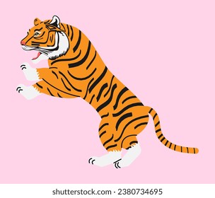 Tiger Charakter in flachem Stil. Tiger Maskottchen jagt. Tiere aus Asien. Große Katzen.