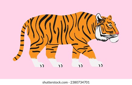 Tiger character in flat style. The Tiger mascot is walking, in motion. Animals of Asia. Big cats.