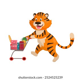 Tiger character happily pushing a shopping cart full of groceries, including bread, pineapple, and bags. A cheerful shopping animal illustration, perfect for retail or consumer themes.