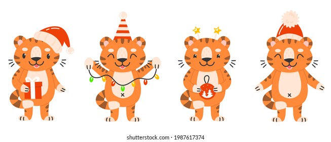 Tiger character new year set. Cute tiger cubs in a cartoon style in Christmas hats, with a garland. Collection of New Year animal characters. Vector illustration.