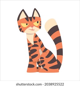 Tiger Character with Orange Fur and Black Stripes Sitting Vector Illustration