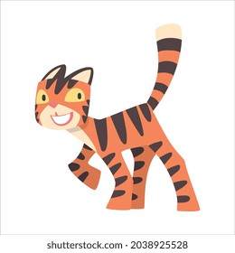 Tiger Character with Orange Fur and Black Stripes Walking and Smiling Vector Illustration