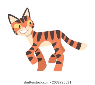 Tiger Character with Orange Fur and Black Stripes Walking and Smiling Vector Illustration