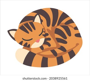 Tiger Character with Orange Fur and Black Stripes Cuddling and Sleeping Vector Illustration