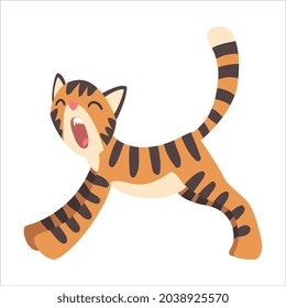 Tiger Character with Orange Fur and Black Stripes Stretching and Yawning Vector Illustration