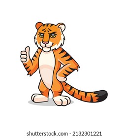Tiger character is showing thumb up, appreciate. Vector cartoon comic doodle illustration, mascot, character, icon, logo of tiger. Sly tiger animal face.