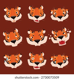 Um personagem tigre mostrando uma ampla gama de emoções, desde tristeza e lágrimas até alegria e risos, expressando expressões faciais vívidas e brincalhonas.