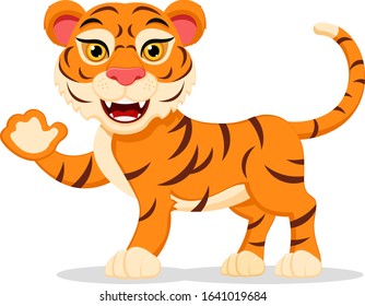 The tiger character stands waving his paw and smiling on a white