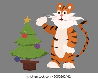 tiger characters near the christmas tree. flat style vector stock illustration