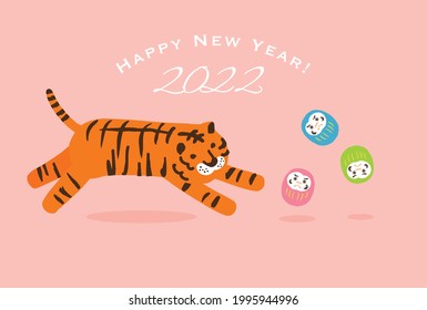 Tiger chasing Daruma illustration for New Year's Day.2022 new year's card.