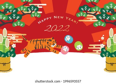 Tigre persiguiendo la ilustración de Daruma para la tarjeta de Año Nuevo 2022.