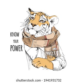 Tiger in the checkered scarf. Humor card, t-shirt composition, hand drawn style print. Vector illustration.