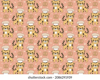 Tiger chef with a hat. Seamless pattern. Pretzel and hearts. Cartoon illustration. Chinese New year 2022 horoscope. Animal symbol color vector