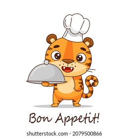 The tiger chef is holding a plate. Bon appetit. Postcard in cartoon kawaii style. Vector for design, banners, children's books and patterns