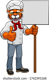 A tiger chef mascot cartoon character holding a sign board