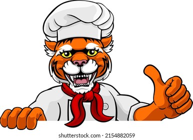 An tiger chef mascot cartoon character peeking round a sign and giving a thumbs up