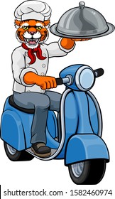 A tiger chef mascot delivering food on a scooter 