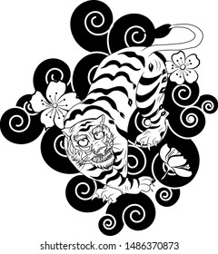 Tiger with cherry blossom and cloud for T-shirt on background.