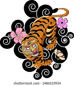 Tiger with cherry blossom and cloud for T-shirt on background.