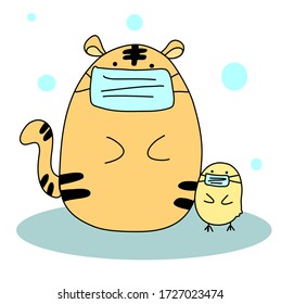 Tigre y polluelo con máscara