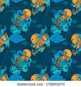 Tiger Chinese oriental element illustration with cloud and spread seamless pattern vector with blue background 