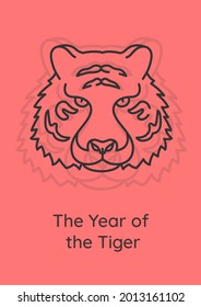 Tigre en postal zodiac china con icono de glifo lineal. Ciclo de signos animales. Tarjeta de felicitación con diseño vectorial decorativo. Afiche de estilo sencillo con ilustración de linearte creativa. Volante con deseo de vacaciones