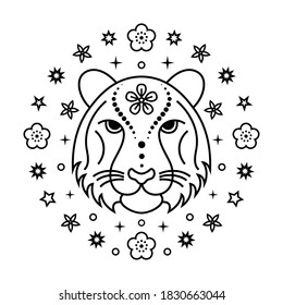 Tiger Chinese zodiac sign in line art style on white background.