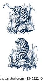 Tiger in chinoiserie style for fabric or interior design.