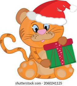 
Tiger in a Christmas hat with a gift
