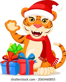 Tiger in a Christmas hat and scarf with New Year gifts smiles and waves on a white background. Year of the tiger