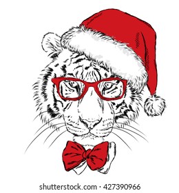 Tiger in Christmas hat and sunglasses. Print on a postcard or poster. Vector illustration. Holiday card. New Year's and Christmas. Santa Claus.