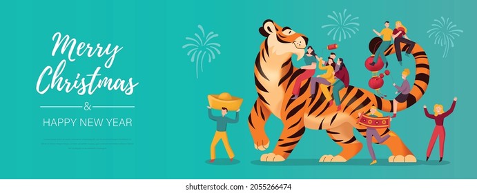 Tiger christmas horizontal composition with editable ornate text and festive people surrounding cartoon style tiger mascot vector illustration