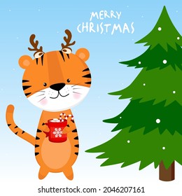 Tiger with a Christmas tree and coffee mug with marshmallows. New Year's card 2022.