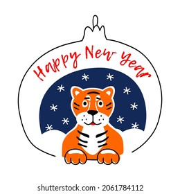 Tiger and Christmas tree toy. A cute stylized tiger is sitting in a Christmas tree toy on a blue background. Funny doodles on a New Year's theme.