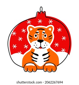 Tiger and Christmas tree toy. A cute stylized tiger cub sits in a Christmas tree toy on a red background. Funny doodles on a New Year's theme.