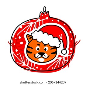 Tiger and Christmas tree toy. A stylized tiger in a Santa Claus hat sits in a Christmas tree toy on a red background with branches. Funny doodles on a New Year's theme.