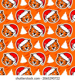 Árboles de tigre y Navidad. Patrón festivo de Navidad en un fondo naranja. Ilustración vectorial plana.