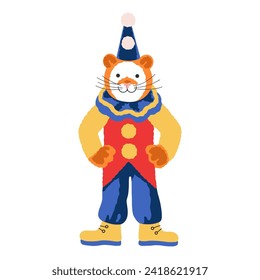 Un tigre en un circo. Ilustración vectorial de un carácter en un estilo plano. Patrón de dibujos animados para imprimir, pegatinas, postales.