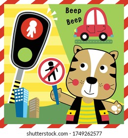 tiger in the city funny animal cartoon,vector illustration