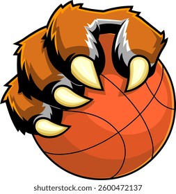 Tiger Claw Gripping Basketball Mascot Logo. Vector Hand Drawn Illustration Isolated On Transparent Background