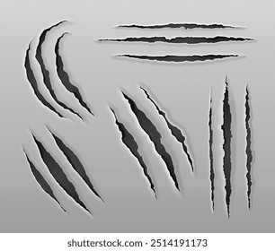 Tiger claw scratch on paper vector. Bear paw mark. Lion nail trace isolated set. Horror attack design with scary tear realistic 3d. Mystery scrape texture on wall surface. Power shred from werewolf