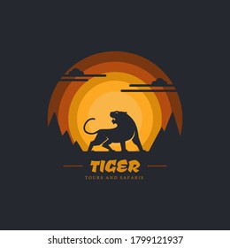 Tiger mit Klippenberg und Himmelshintergrund. Design-Element für Firmenlogo, Etikett, Emblem, Bekleidung oder andere Waren. Skalierbare und bearbeitbare Vektorgrafik.