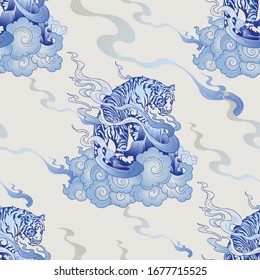 Tiger Climbing with cloud design with oriental style with blue Porcelain seamless pattern vector background 