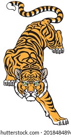 Tiger climbing down and Big cat eyes looking straight. Isolated front view image. Tattoo style vector illustration