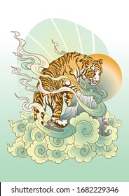 Tiger Climbing on hill and cloud design with Chinese or Japanese painting illustration oriental style with green pastel color tone vector background 