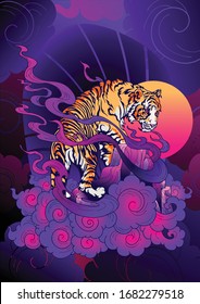 Tiger Climbing on hill and cloud design with Chinese or Japanese painting illustration oriental style with neon purple pink color tone vector dark background 