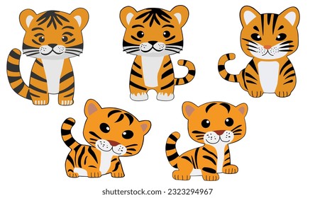 Tiger clipart vector set flat design on white background, animal isolated icon collection element No.1