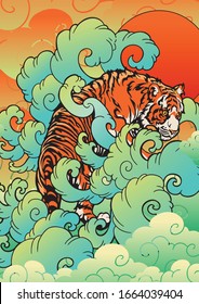 Tiger with in the cloud and sun oriental Japanese or Chinese  illustration tattoo digital painting style vector background
