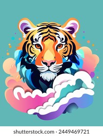 Tiger in the clouds in the blue background