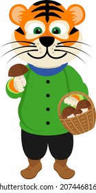 Tiger collects mushrooms. Vector illustration of a cartoon symbol of the year 2022 tiger.